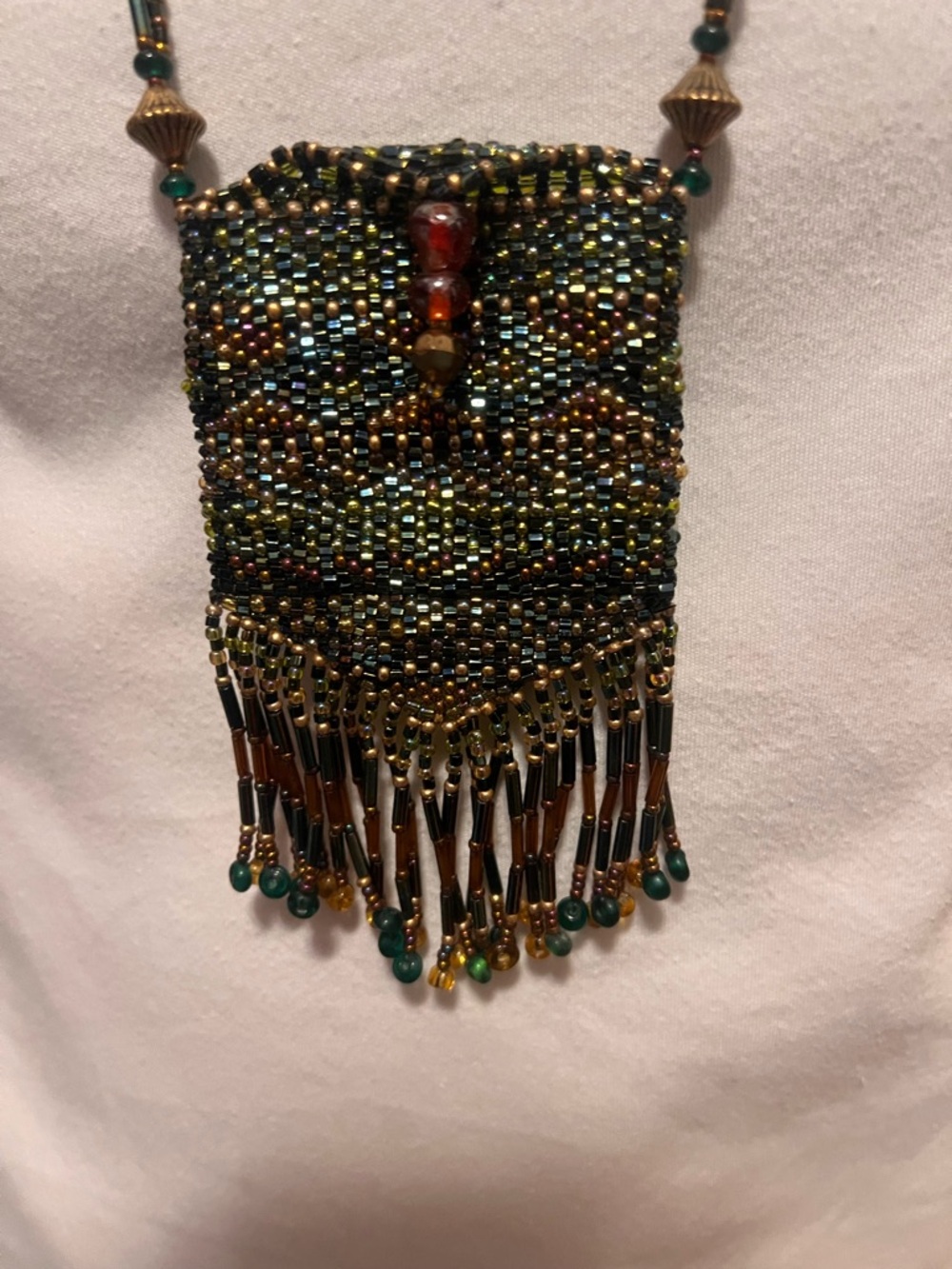 Handmade Green and Gold Beaded Necklace Pouch